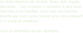 Un large répertoire de reprises: blues, rock, reggae,
des slows... Tony s’adapte a l’occasion. Il peut aussi
répondre a vos requêtes. Vous avez une chanson favorite que vous voulez écouter pour votre mariage?
Il n’y a pas de problème!

Voici un échantillon de son répertoire... 